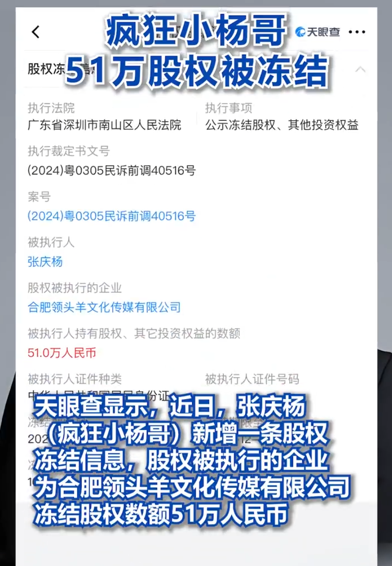 三只羊小杨哥被冻结51万股权?浅蓝自曝老婆是播音系高材生(图1)