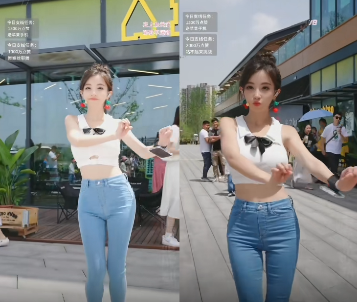 冯提莫换装牛仔裤，跳摩托舞被拍路人视角，与直播间是两个版本(图6)